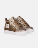 Sneakers da bambina oro Elisabetta Franchi La Mia Bambina in pelle con paillettes, logo laterale, lacci e zip interna.