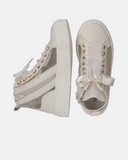 Sneakers in pelle e rete con strass e lacci raso