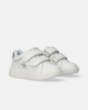 Sneakers da bambina Calvin Klein bianche con doppio velcro, dettagli in microglitter e logo CK, fondo in gomma antiscivolo