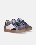 Sneakers Primi Passi Walkey in pelle, crosta e nabuk grigio, blu e bianco con lacci, zip laterale e fondo ambra cucito