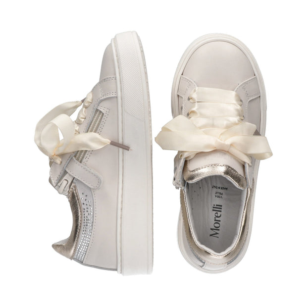 Leather sneakers with satin laces and rhinestones